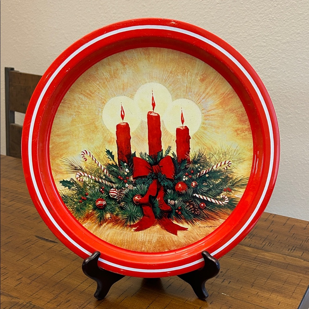 Vgt metal Festive Red Candle Holiday tray. 13 inches